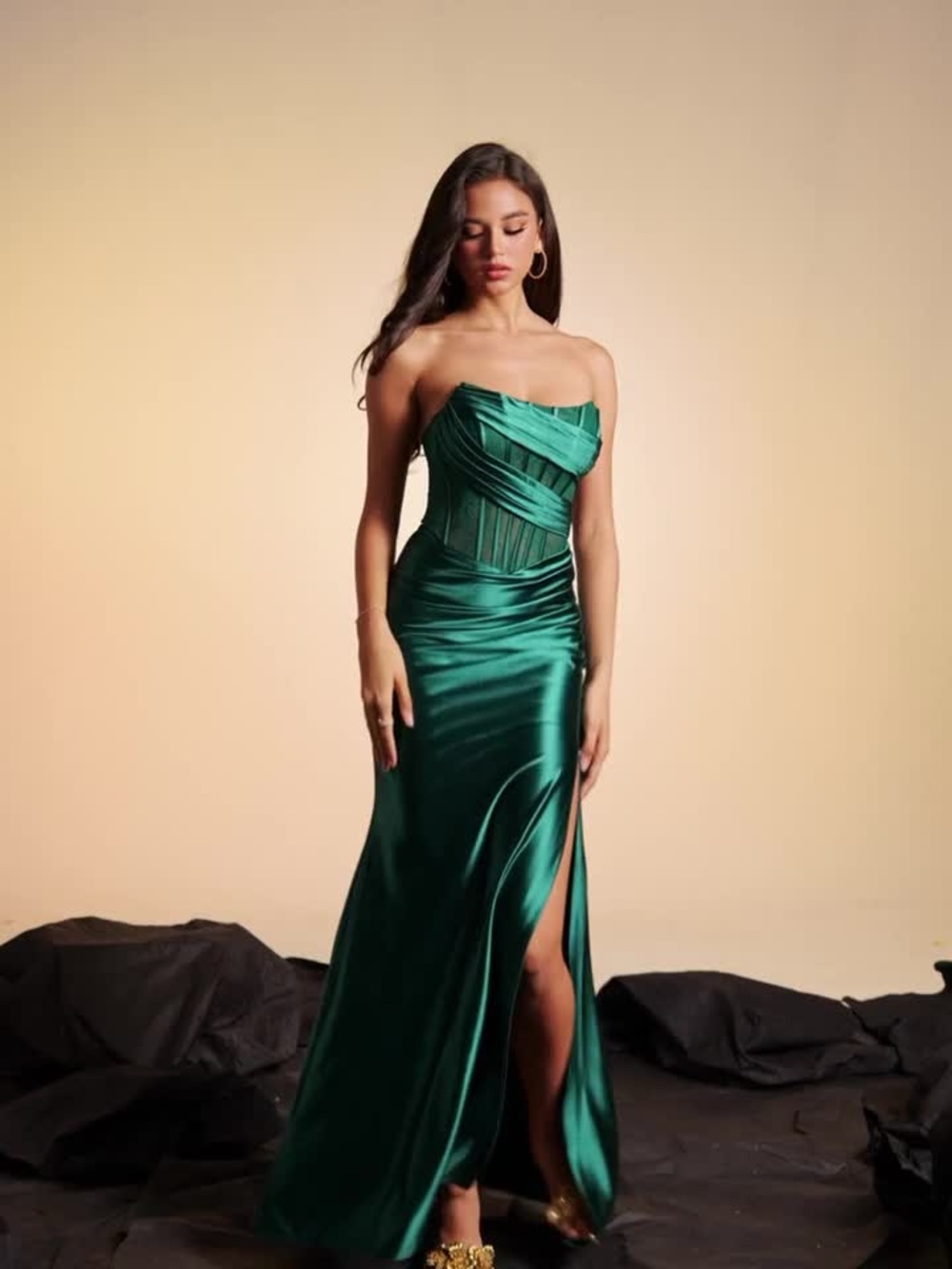 Strapless Emerald Satin Evening Gown with Side Slit